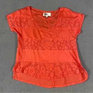 SO Women’s Coral Lace Cap Sleeve Blouse, V-neck, size M